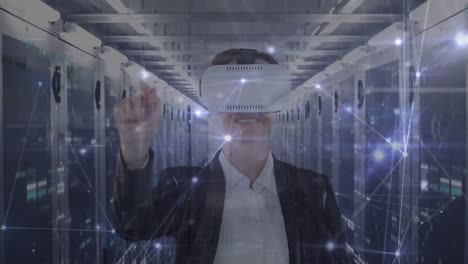 animation of a caucasian woman wearing vr headset and touching screen with connection icons floating