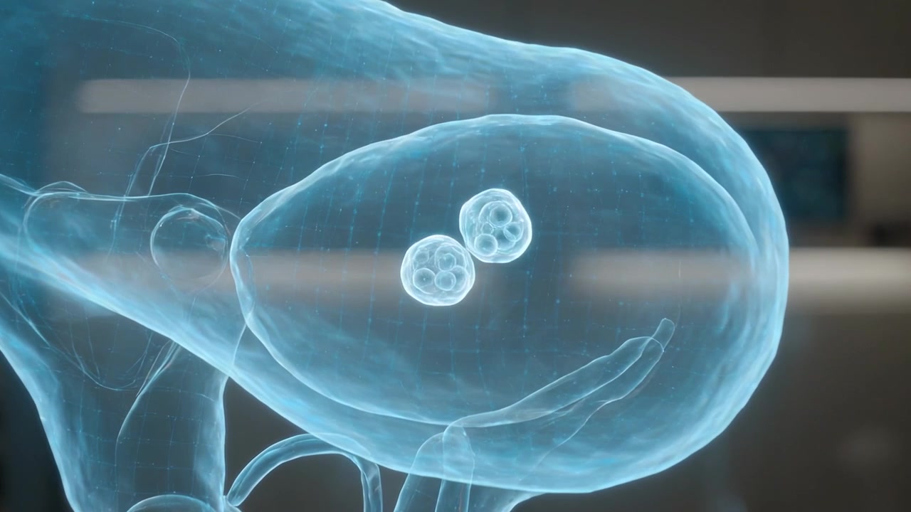 Mostrando un óvulo fertilizado segmentándose al inicio de la división dentro de un saco de laboratorio, formando un embrión cerca de un monitor.