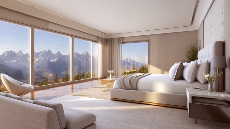 Camera da letto di lusso con vista sulle montagne