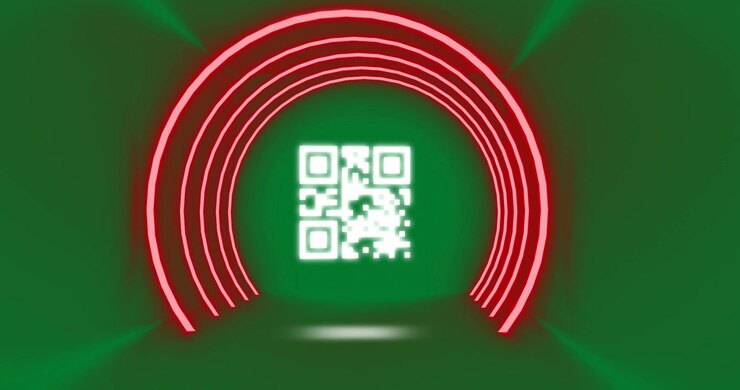 Animation of flickering white QR code with red neon circles.