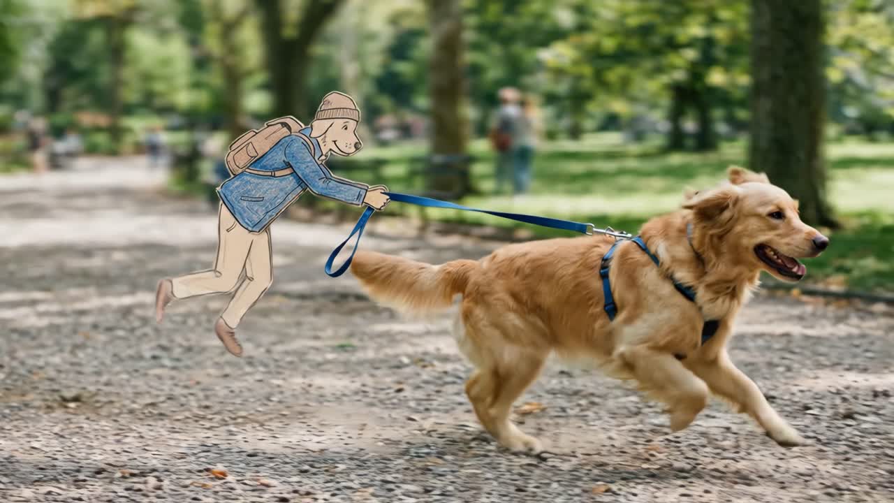 Golden Retriever giocoso che tira un personaggio dei cartoni animati al guinzaglio nel parco