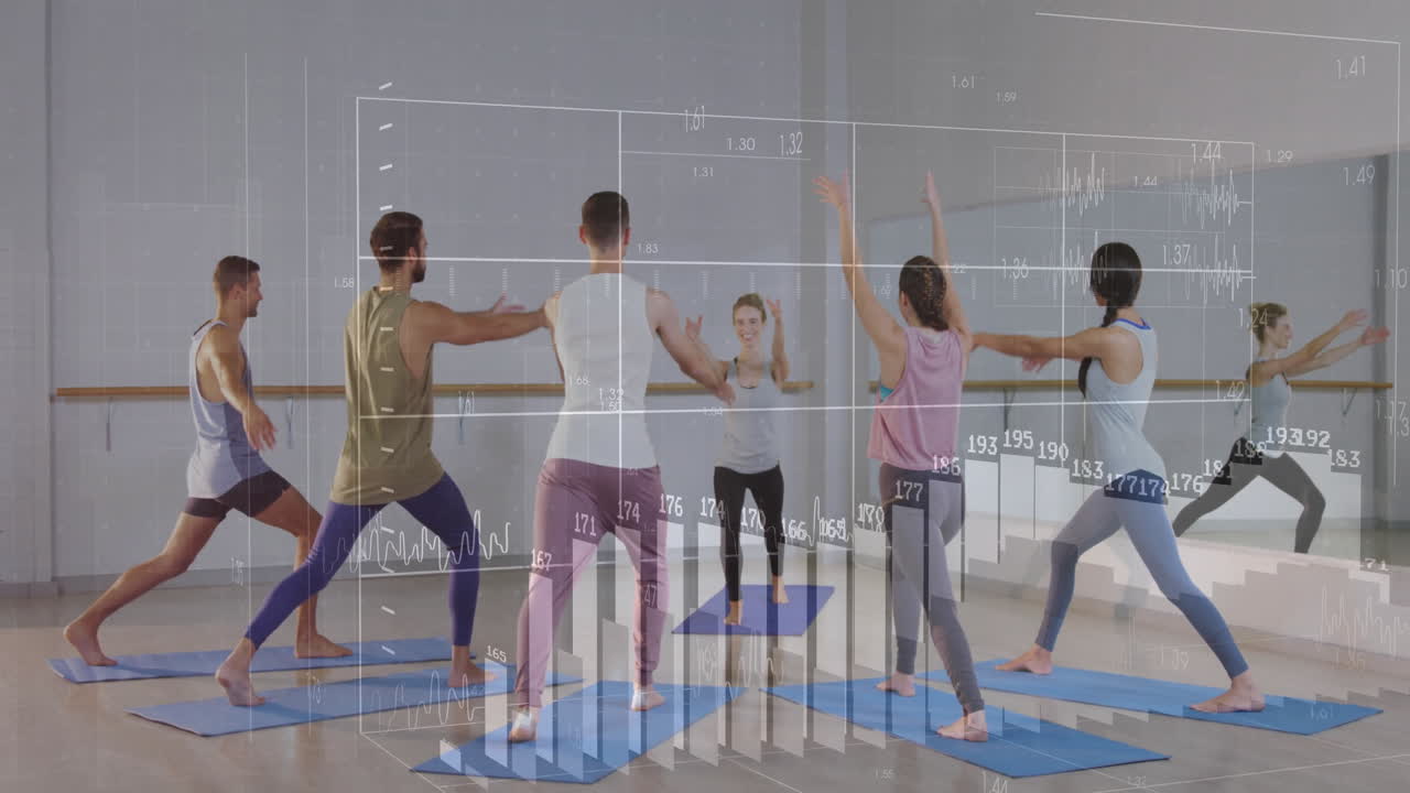 group of participants practicing yoga in health analytics lab, showing charts grid lines overlay