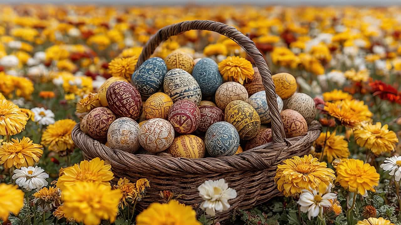 A Vibrant Basket of Ornately Decorated Eggs Surrounded by a Field of Colorful Flowers Celebrating the Joy of Spring and Festivity
