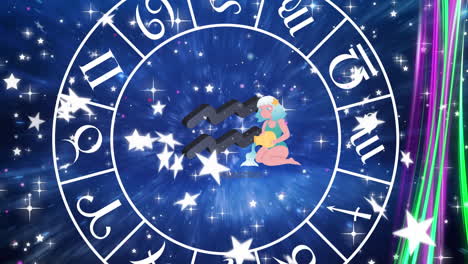 animation of spinning star sign wheel with aquarius sign and stars