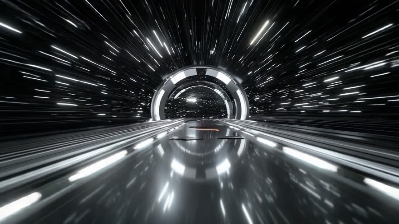 En fascinerende rejse gennem en futuristisk tunnel, der viser et dynamisk udbrud af lys og fart, mens beskueren rejser gennem en warp-lignende portal ind i det ukendte