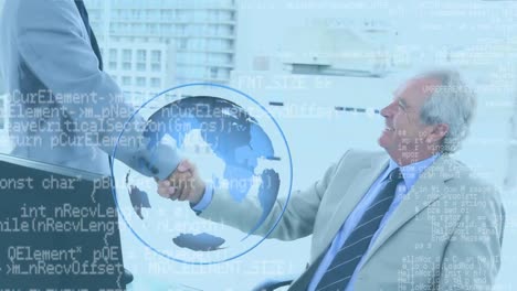 Businessmen-shaking-hands-with-rotating-globe-in-foreground