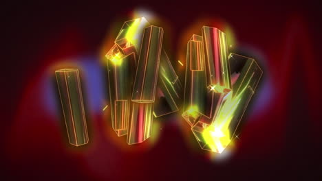 animation of cluster of glowing gold metallic rods floating on dark red background