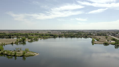 Aerial-view-over-lake-on-a-summer-day