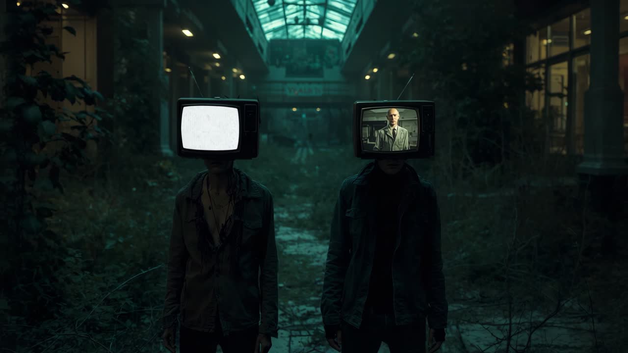 Powering TV heads causing left screen glowing, right screen showing suited man in abandoned arcade