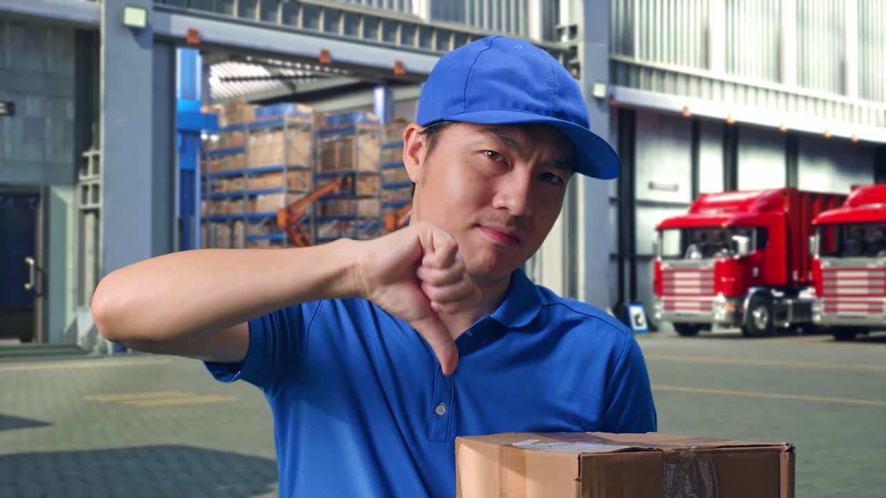 Close Up Of Unsatisfied Asian male Courier In Blue Uniform Showing Thumbs Down Gesture While Delivering A Carton, Outside of Logistics Distributions Warehouse