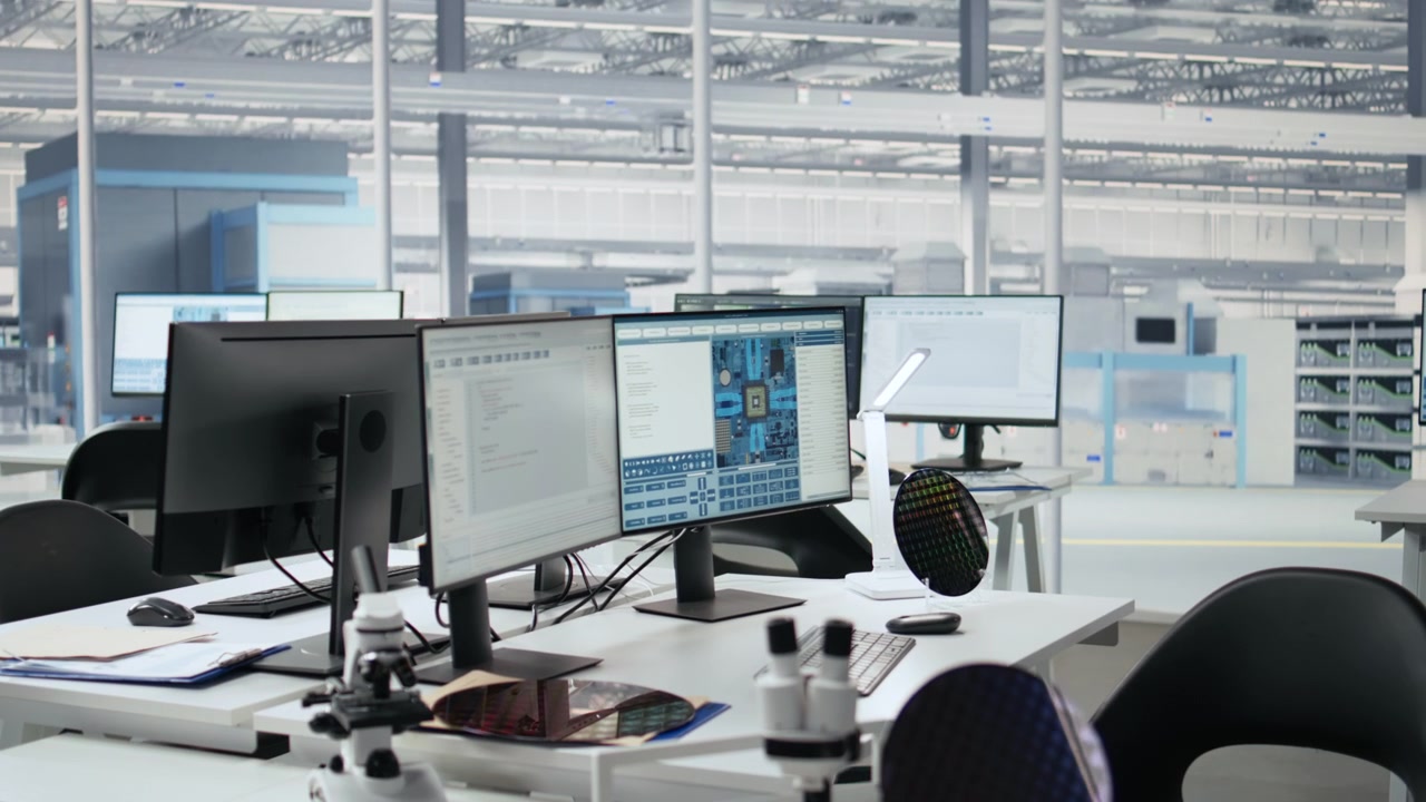 Microchip production engineering office with monitors