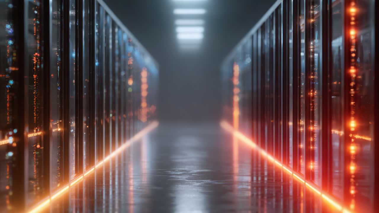 A Glimpse into the Heart of Data Centers: Illuminated Server Racks in a Futuristic Environment Showcasing Technology's Backbone with Soft Glows and Metallic Surfaces