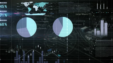 Animation-of-data-processing-and-analysing-on-screen-over-cityscape