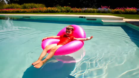young boy relaxing on a pink inflatable ring in a swimming pool