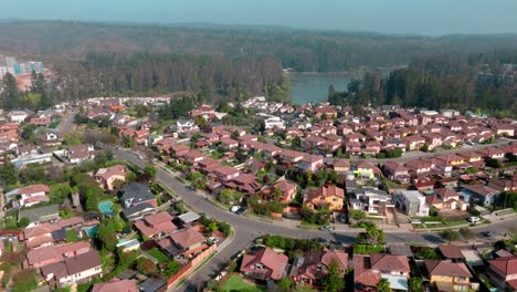 Vista-Aérea-Del-Carro-De-Casas-Similares-De-Un-Condominio-Con-Una-Gran-Laguna-Al-Fondo