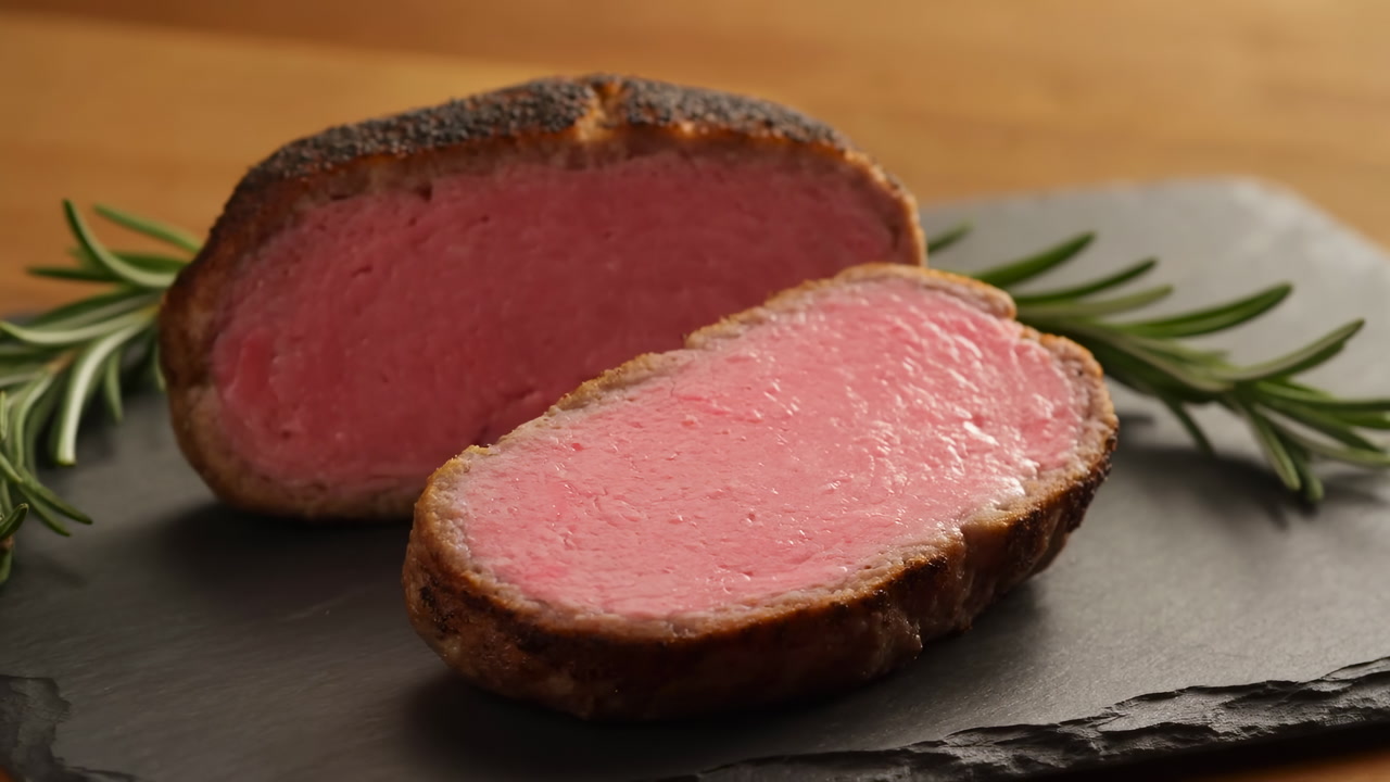 Sliced Medium Rare Roast Beef On Slate With Rosemary Sprig, Warm Lighting, Closeup Chef Plating For Elegant