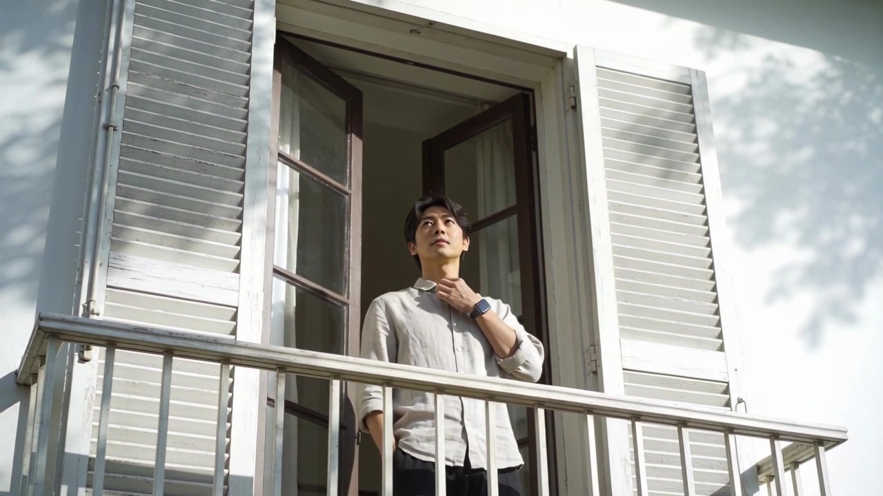 Uomo asiatico in piedi con le maniche arrotolate che guarda fuori e si sistema la camicia sul balcone, con l'orologio in vista.