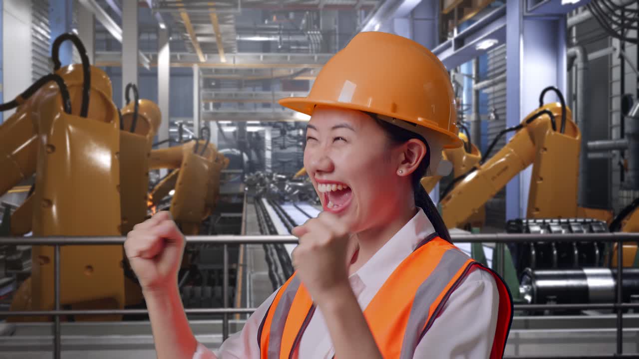 Close Up Of Side View Of Asian Female Engineer With Safety Helmet Screaming Goal Celebrating Working With Industrial Robotic Arms Working