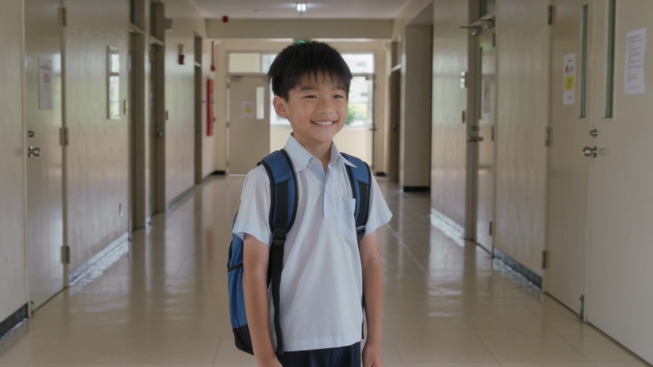 学校の廊下で立って微笑みながら振り返る少年。カメラがズームインし、強調するように青いバックパックを映し出す。