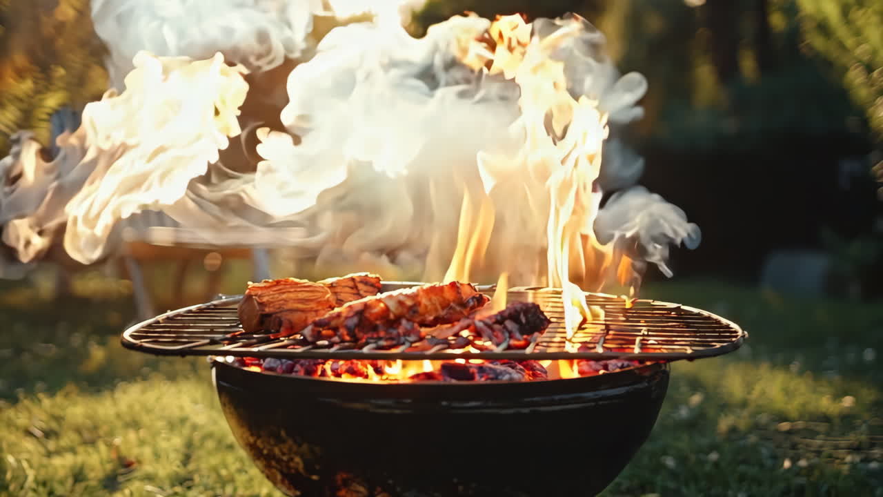 A fire is burning in a metal grill on a grassy lawn. The scene is peaceful and relaxing