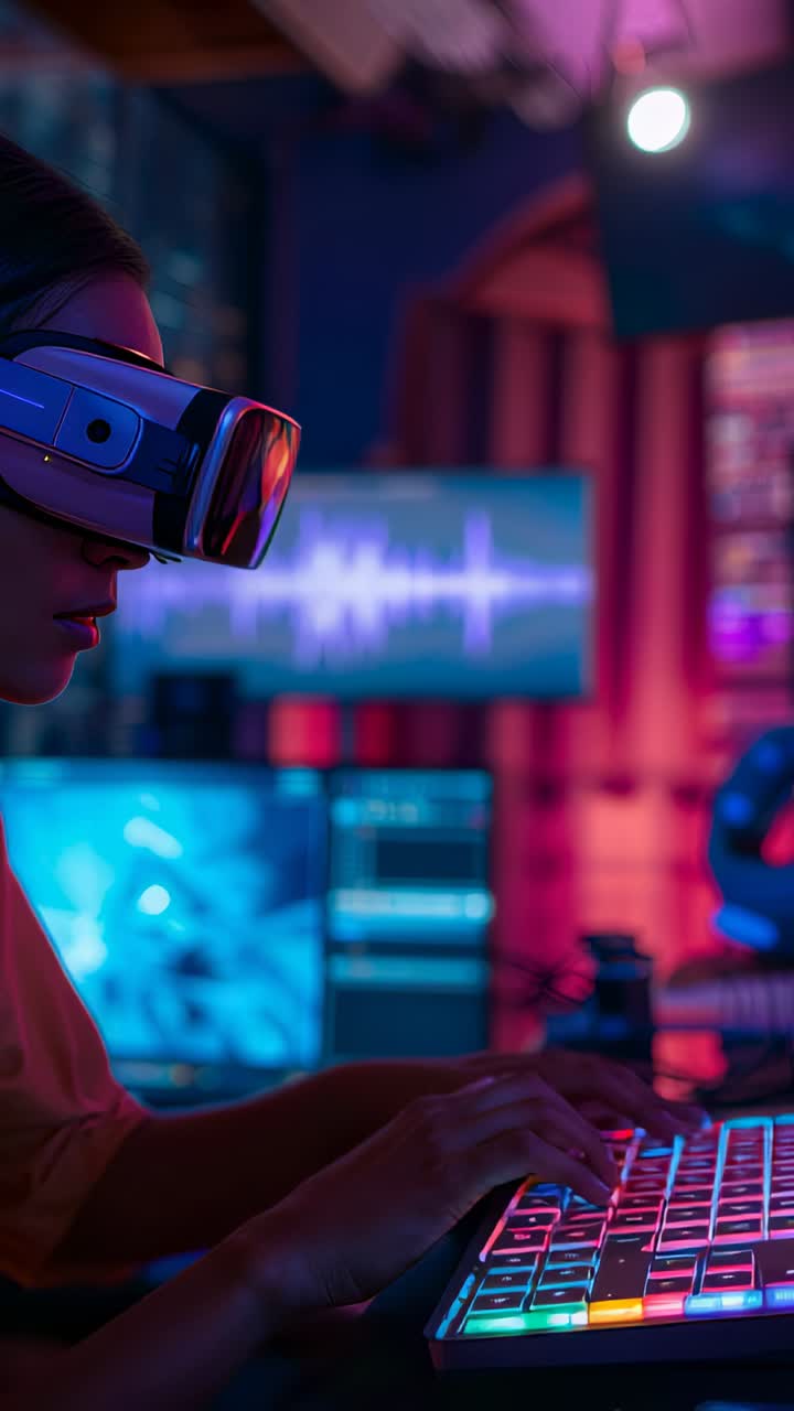 Vertical video: VR starting gamer in VR headset typing RGB keys at game studio monitors, copy space