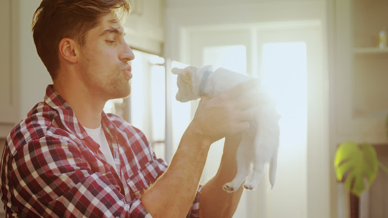 un joven sonriente jugando con una mascota en la cocina 4k 4k