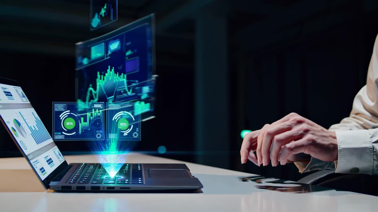 A futuristic video concept showing a side-angle view of a person interacting with holographic data