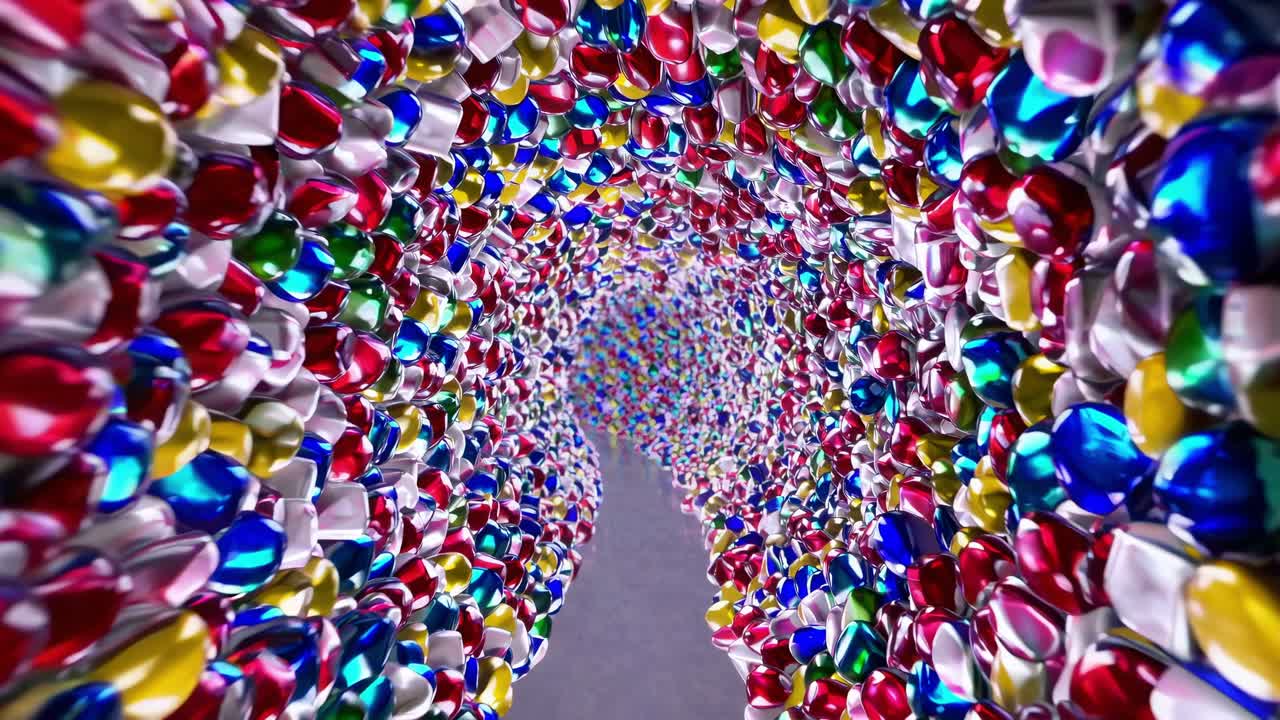 Shiny, colorful candies form a vibrant tunnel, leading into a whimsical and inviting world of sweetness and delight, creating a festive atmosphere