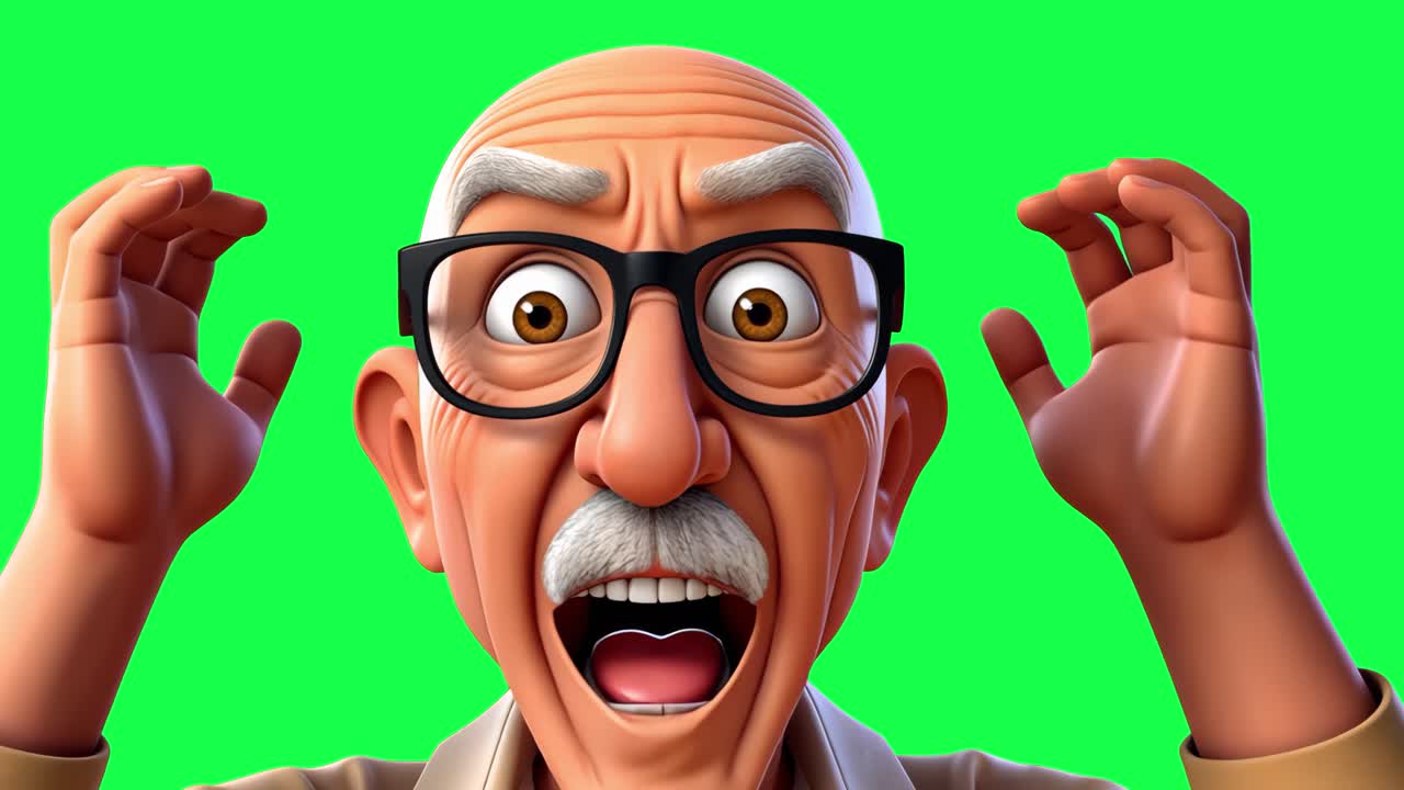 Old man, 3d character animation, transparent 4K video, green screen