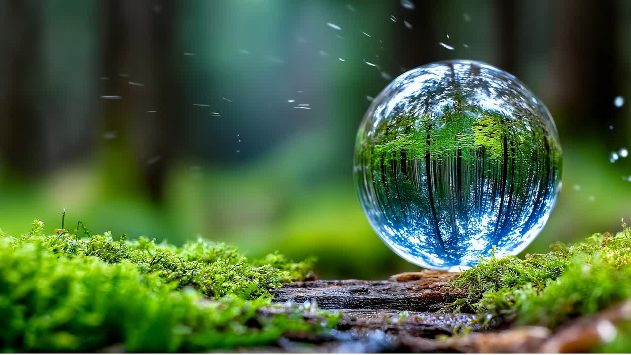 Sfera di vetro su tronco muschioso nella foresta. Una sfera di vetro poggia su un tronco muschioso in una foresta. Riflette gli alberi e la vegetazione circostante in piena luce diurna.