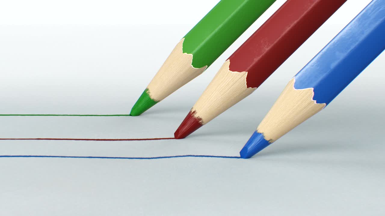 은 종이 위에 선을 그리는 세 개의 컬러 연필은 클로즈업, 루프 3d 애니메이션, 추상적인 글쓰기 및 드로잉 프로세스, 예술 및 디자인 개념입니다.
