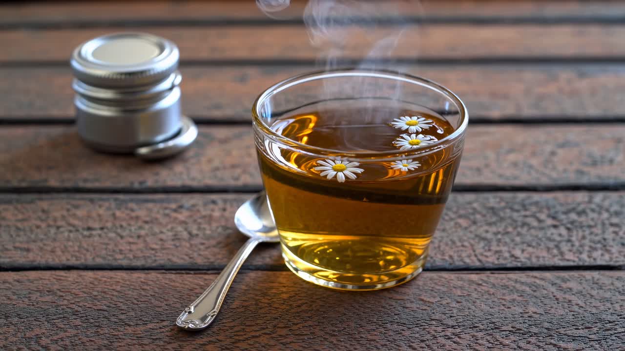 A steaming cup of chamomile tea on a rustic wooden table, captured from a side angle