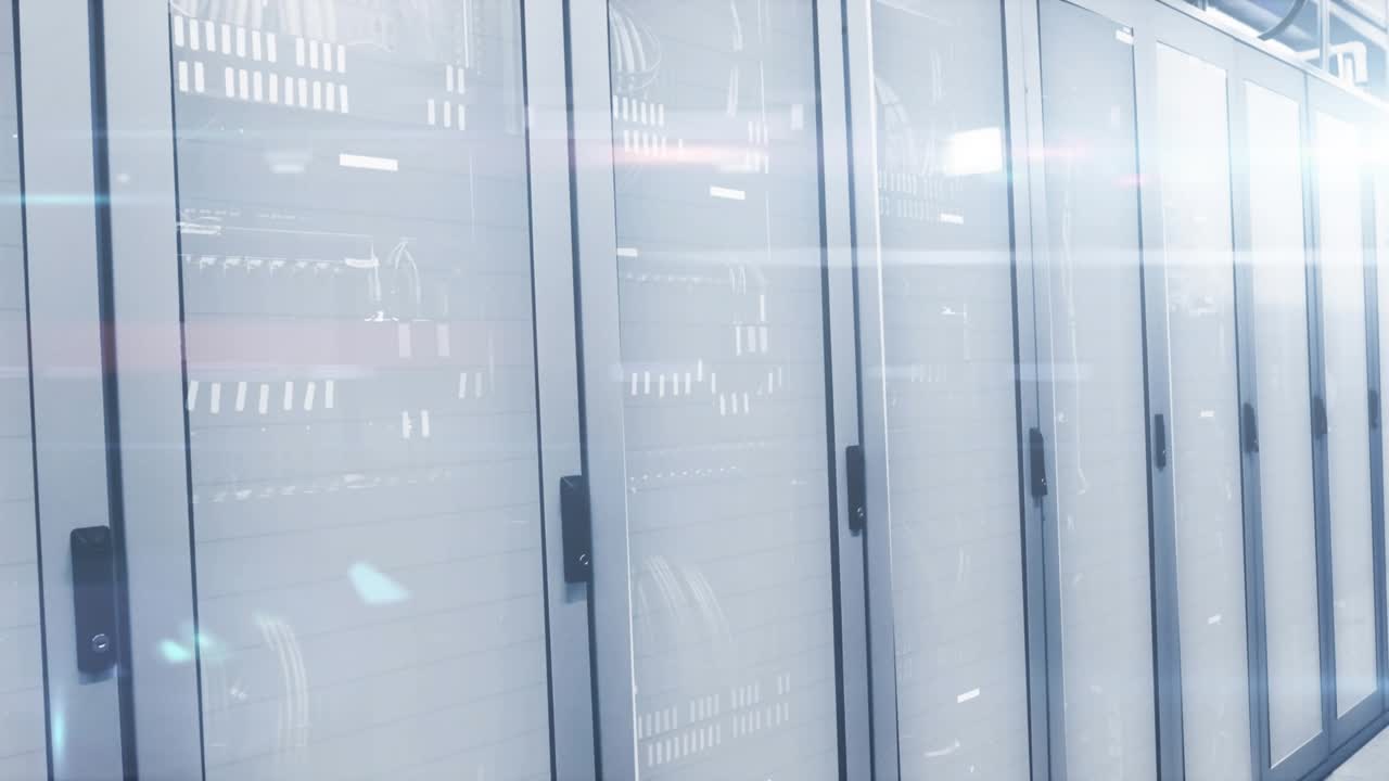 Map fading in, causing HUD pulses linking nodes across racks while camera panning, showing network