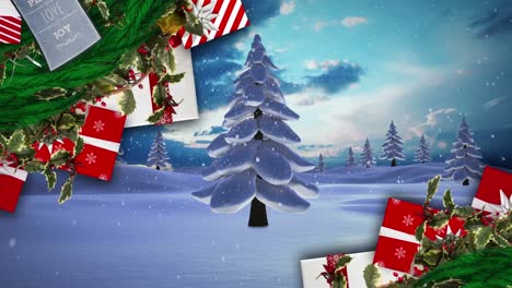 Animation-of-presents-and-snow-falling-over-winter-scenery