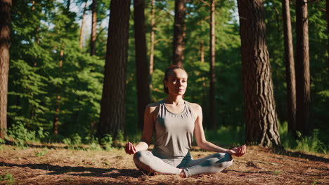 una mujer meditando en un bosque.