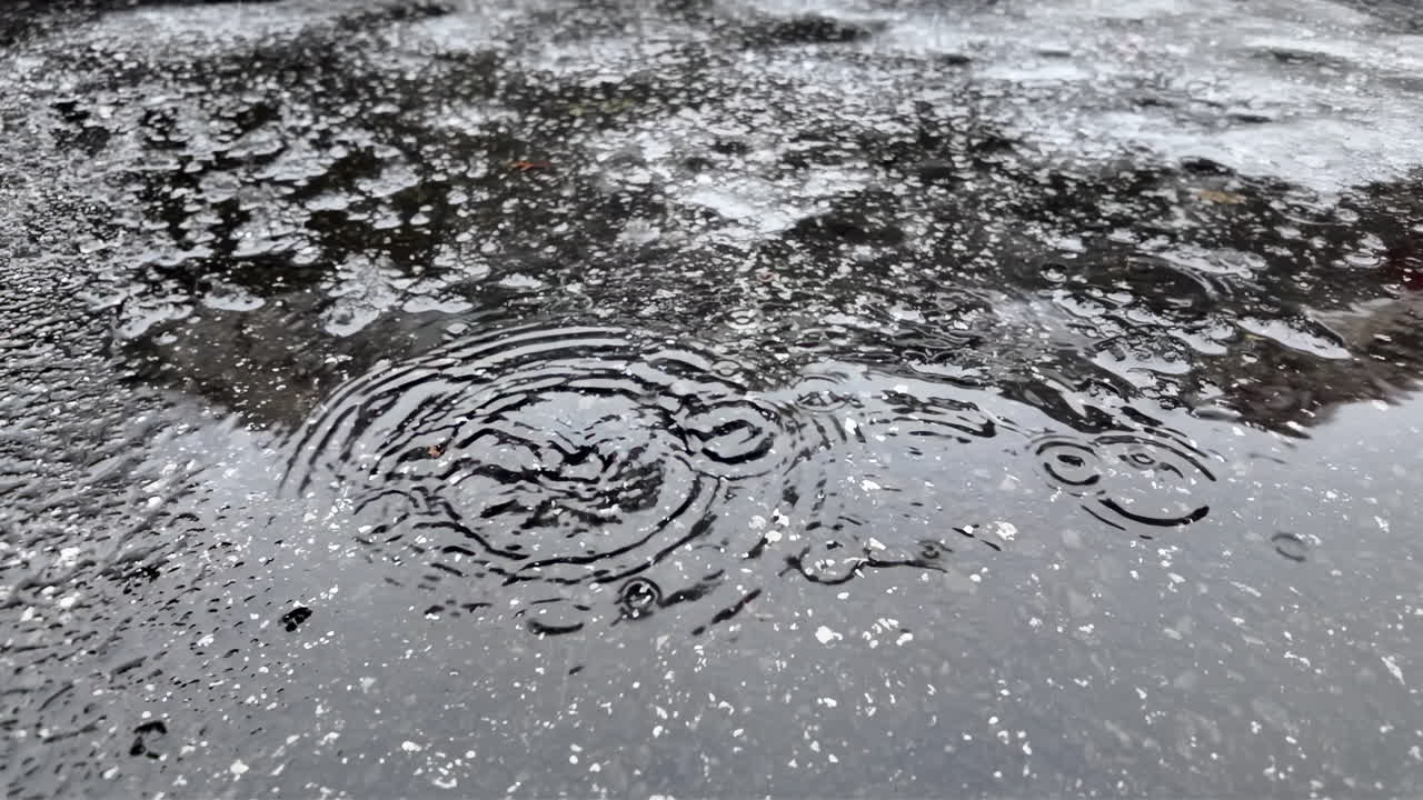 Raindrops hitting a dark asphalt surface, forming circular ripples and reflections during wet winter weather