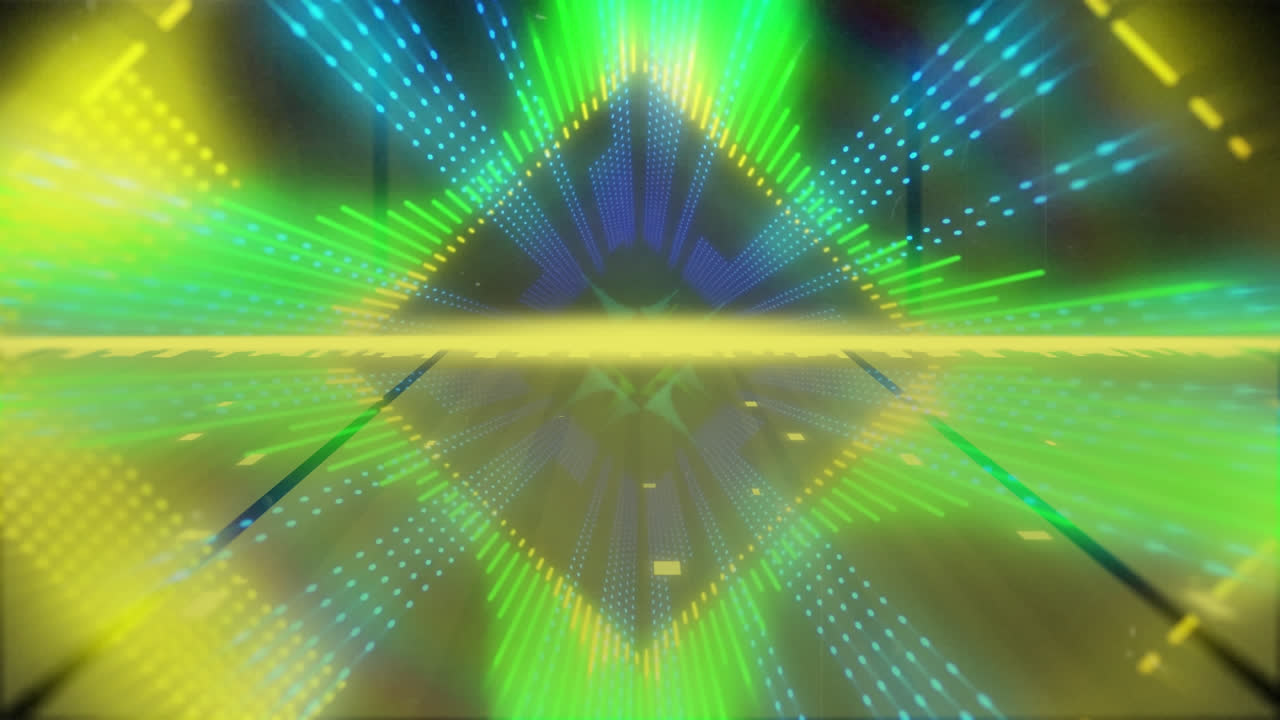 Animazione di forme luminose caleidoscopiche su sfondo a strisce.