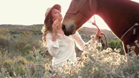 pretty woman standing next to horse