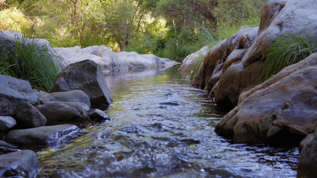 Acqua che scorre lungo un ruscello roccioso, ripresa dal basso, scena naturalistica