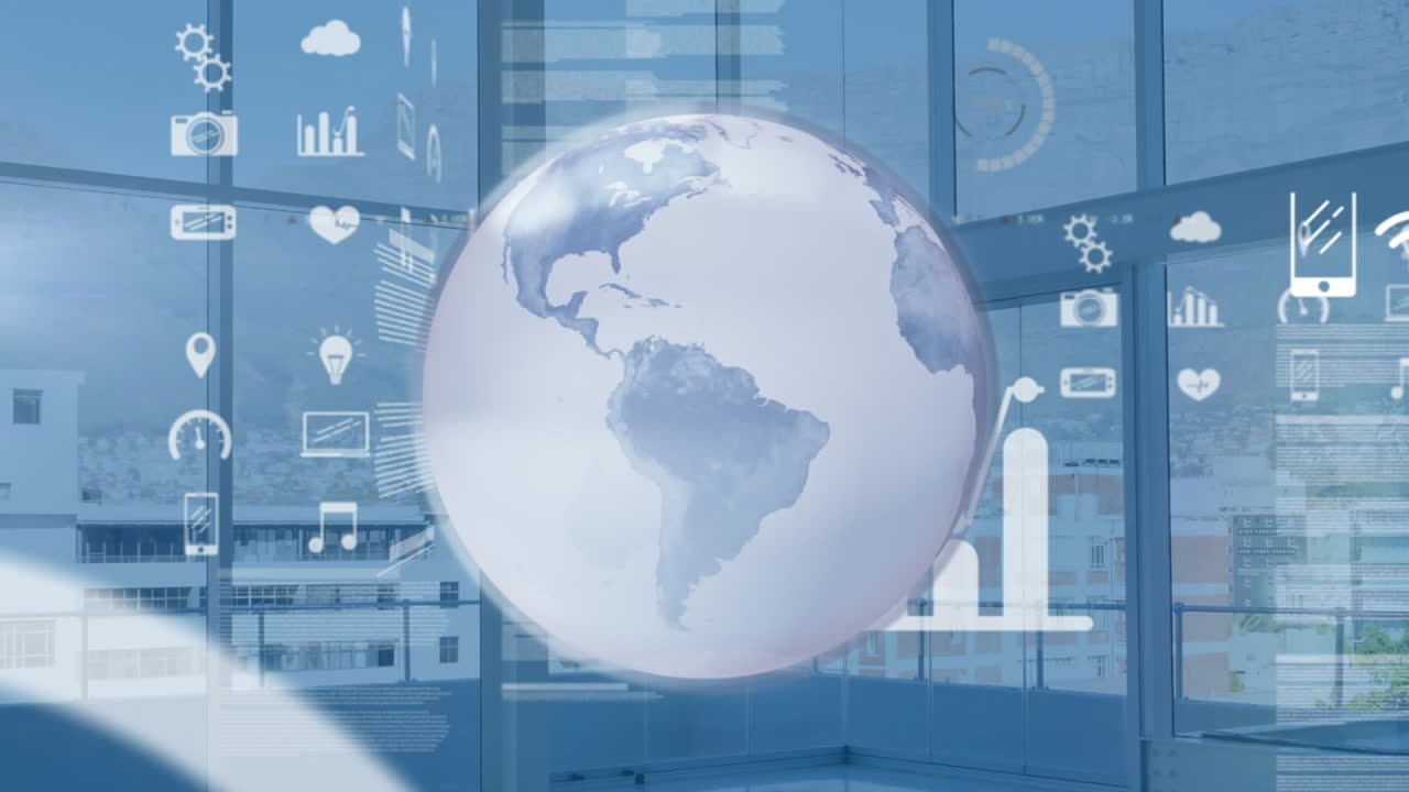 도시 풍경 위의 아이콘과 함께 데이터 처리에 대한 지구의 애니메이션