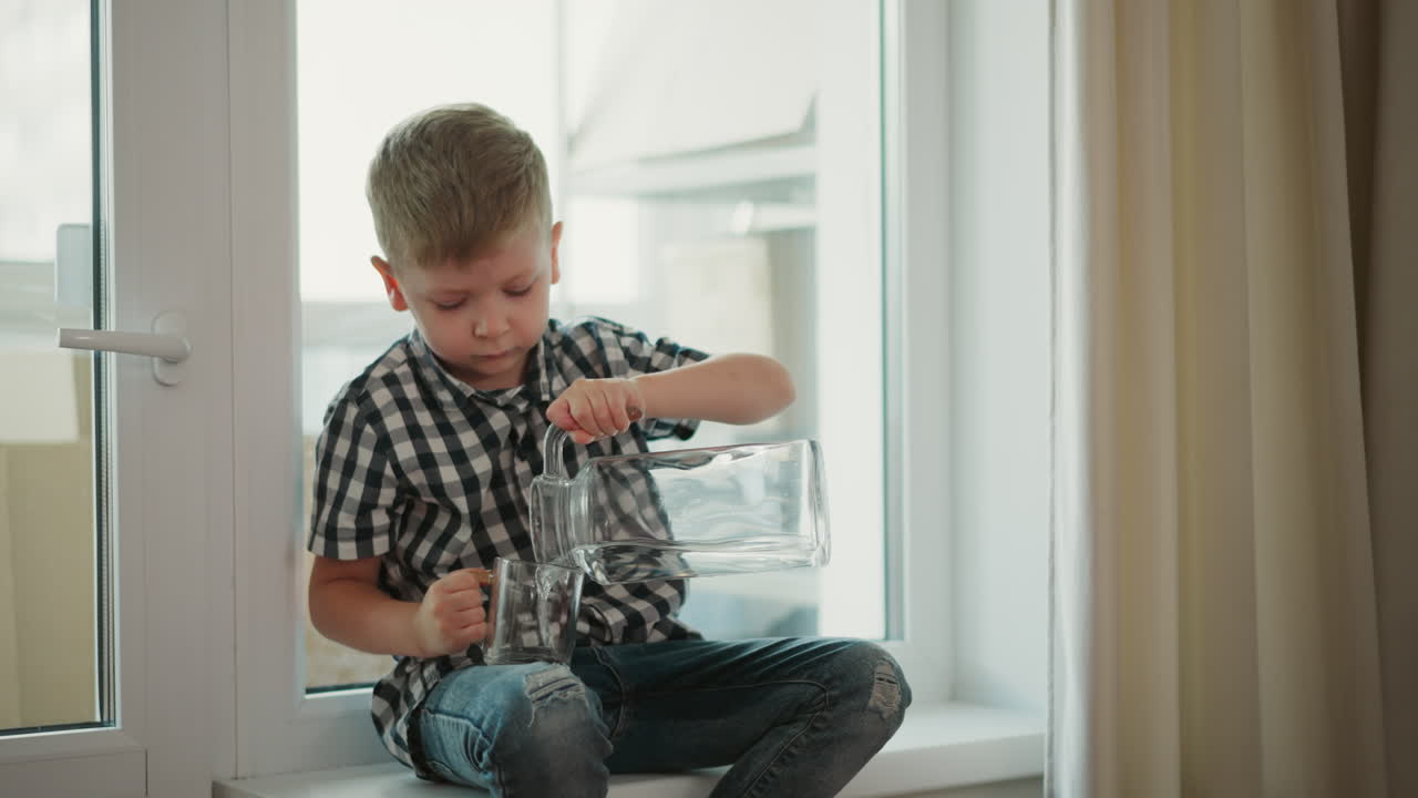 Student thoughtfully sitting indoors wearing plaid shirt carefully pouring clear water from glass jar into transparent cup lifting cup up to drink while focused inside bright home setting