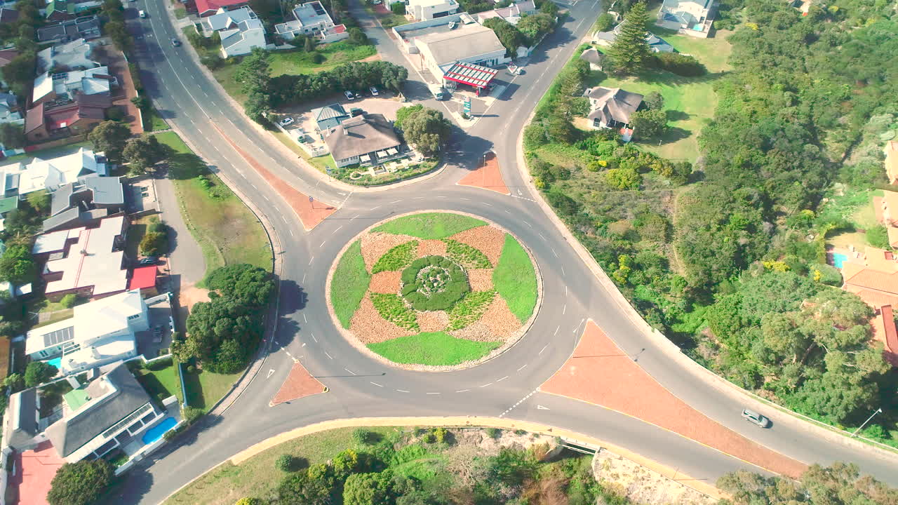 Roundabout with traffic in Voëlklip Hermanus, high angle aerial