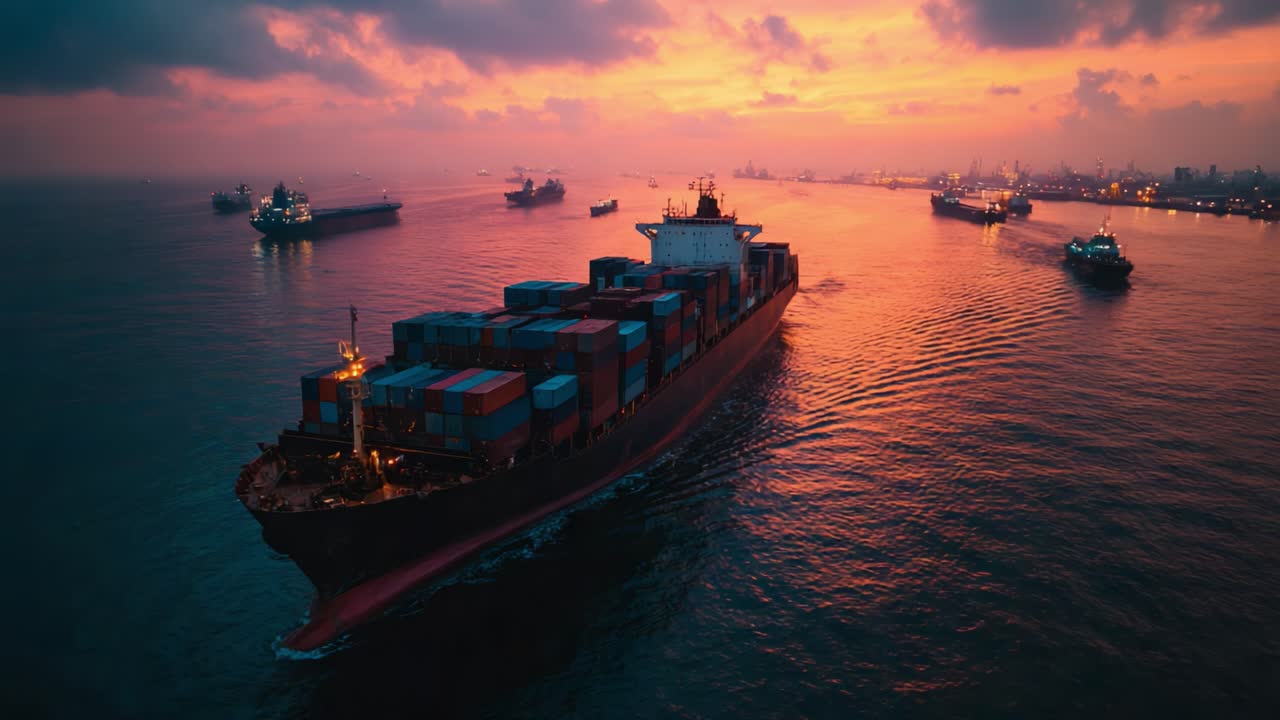 A Majestic Container Ship Navigates Through a Tranquil Port at Dusk, Surrounded by Other Vessels at Sunset, Highlighting the Beauty of Maritime Trade and Industry