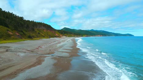 coastal beach landscape with rolling waves and lush forest
