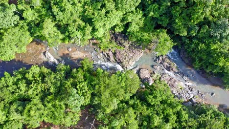 top down view of river with green vegetation, rio higuero in dominican republic - aerial drone shot