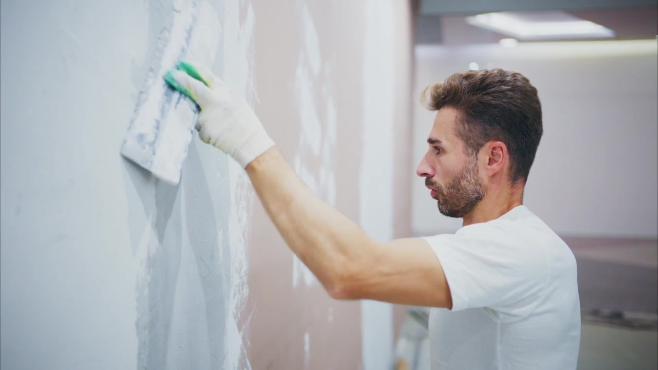Construction Worker Applying Plaster to Wall with Trowel