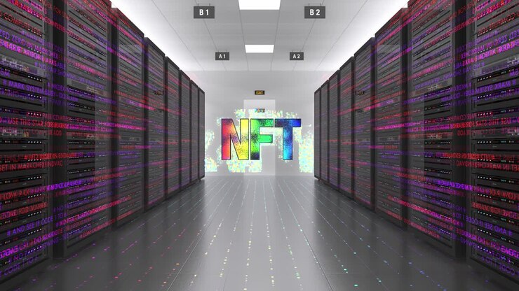 Crypto Art NFT Symbol In Futuristic Modern Datacenter.
