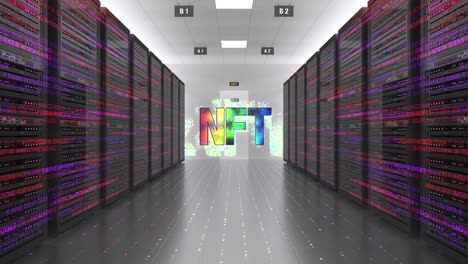 el símbolo de arte criptográfico nft en el centro de datos moderno futurista.