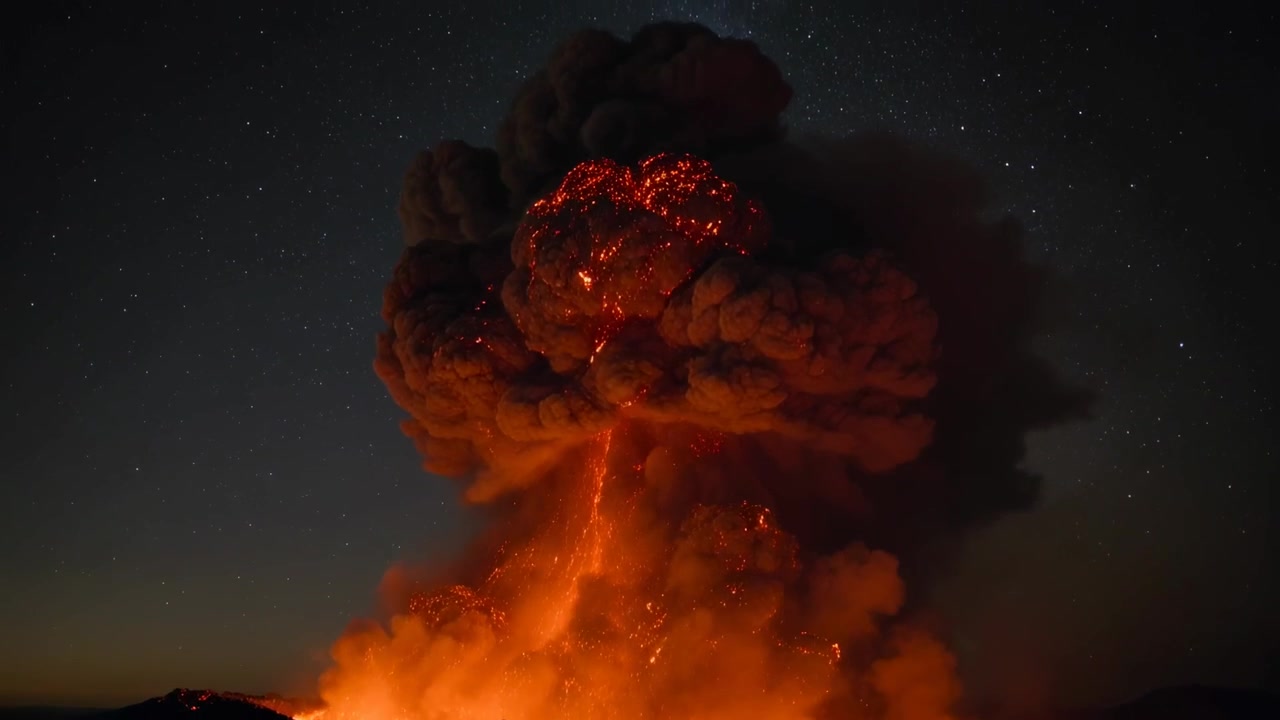 Magma surge driving erupting column launching lava fountain at crater rim, emitting glowing embers