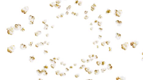 flying many popcorns on white background. white salty popcorn. healthy food. corn seed. 3d loop animation of popcorn rotating.